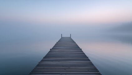 Fototapeta premium Pier Into Serenity An Aqueous, Wooden Pathway Through Mist and Soft Light.