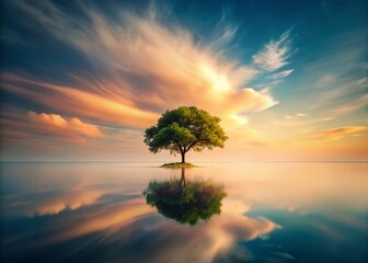 Surreal Minimalist Landscape:  Lone Tree on a Floating Island, Dreamlike Sky