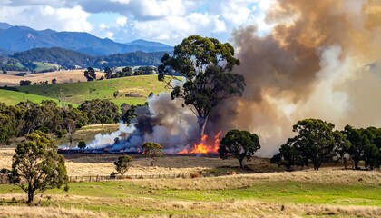 A brush fire rages through a grassy field, with smoke billowing into the sky behind a tree