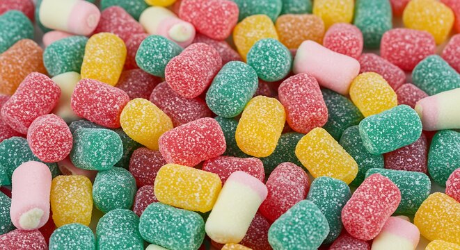 A close-up shot of an assorted pile of colorful jelly candies scattered across a white surface