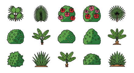 Fifteen stylized green shrubs and trees with black outlines on a white background