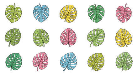 Fifteen stylized Monstera leaves in assorted colors arranged on a white background