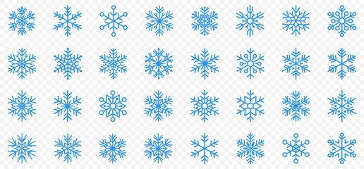 Set blue snowflake icons collection isolated on white background.
