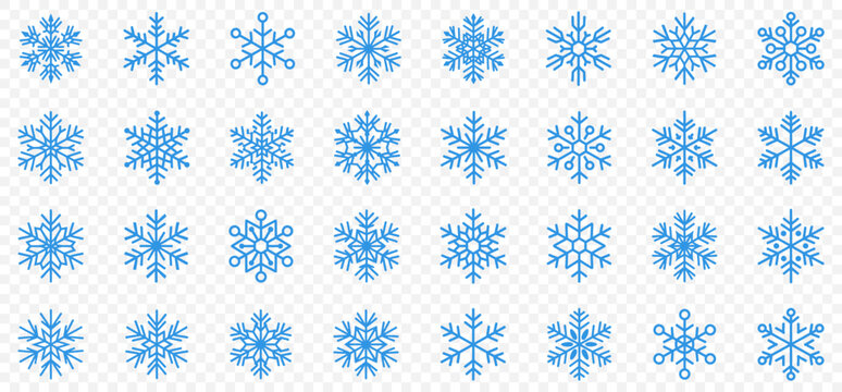 Set blue snowflake icons collection isolated on white background.