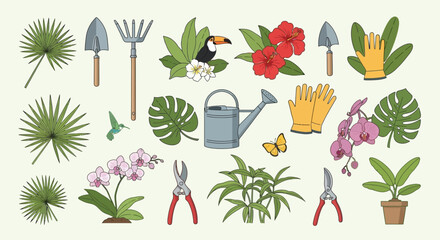 Gardening elements including tools plants and a toucan arranged against a light background