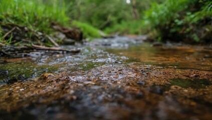 Fototapeta premium A tranquil brook winds gently through vibrant foliage, capturing nature's intricate beauty up close.
