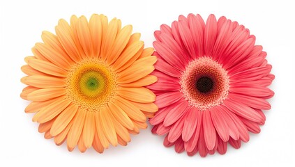 Pair of gerbera blossoms against a plain white backdrop, symbolizing floral elegance and seasonal beauty
