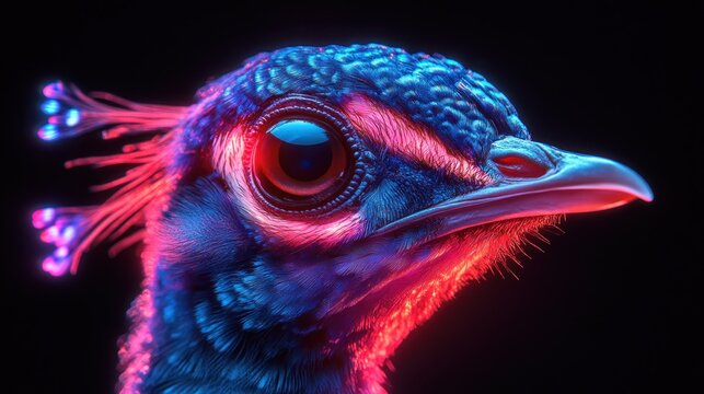 Close-up peacock head, vibrant neon colors
