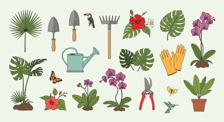 Garden icons tools plants flowers  fauna arranged on a light background