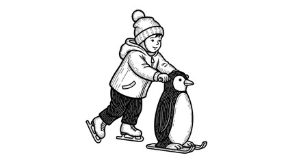 Naklejka premium Child skating with penguin skating aid on ice rink in winter 
