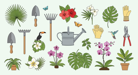 Gardening icons tools gloves watering can  flora against light background