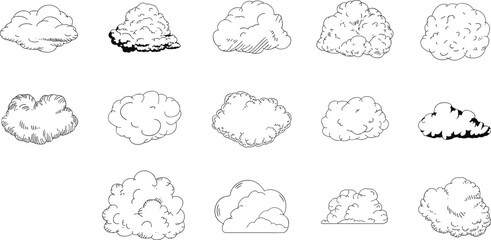 Cloud illustration collection, black and white artistic sky drawings, fluffy and wispy shapes, hand drawn weather design, atmospheric clipart sketch set