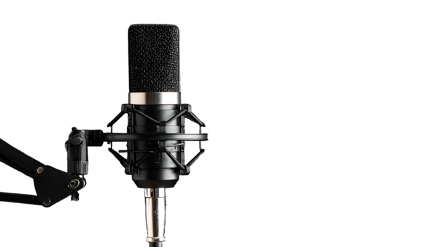 A black microphone, in a shock mount, is positioned on the left against a solid, dark background