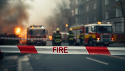 Area blocked with red and white tape labeled 'fire' as smoke rises near emergency responders and vehicles