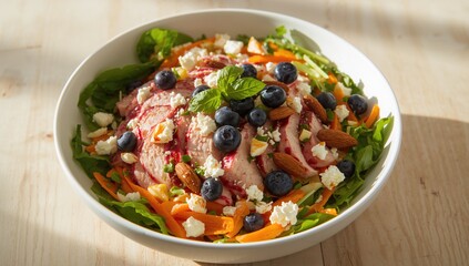 Healthy salad featuring grilled chicken, blueberries, feta cheese, carrots, almonds, and mixed greens
