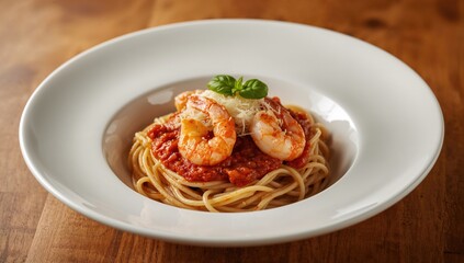 Tasty Spaghetti with Shrimp and Sauce, Traditional Mediterranean Recipe