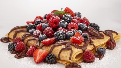 Stacked Delight. Golden Crepes with Fresh Berries and Chocolate Drizzle, A Sweet Treat.