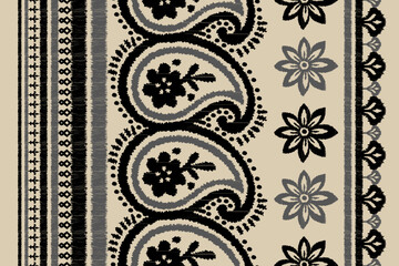 Geometric tribal ikat seamless pattern featuring concentric circles, wavy lines, and vertical stripes in black and beige. Ideal for modern bohemian or ethnic-inspired design projects.