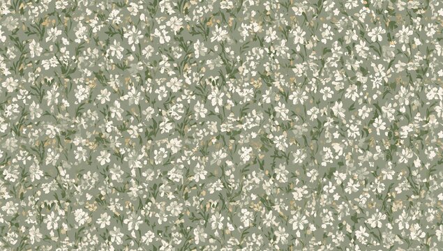 Stylish continuous 2D floral design featuring tiny white blossoms on a muted green-gray backdrop, perfect for spring and summer themes.