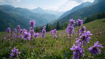 Fototapeta premium During the warm season, colorful purple blossoms dot the lush terrain, their elegant stalks gently moving in the breeze among the picturesque hills.
