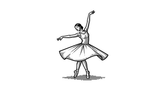 Ballerina gracefully spinning in a tutu in black and white illustration  