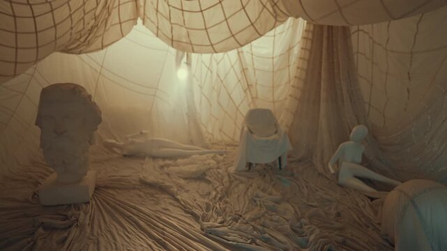 Contemporary art performance in modern museum, exhibition of broken dolls. Strange interior of photo studio with mannequins, Greek god statues and fabrics, manic lair in scary movie, trap for victim