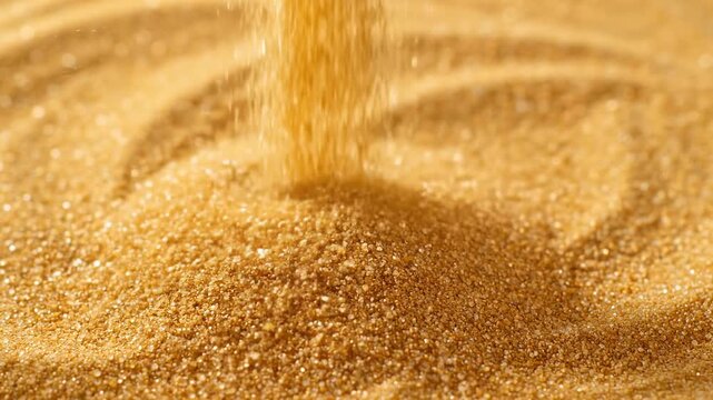 Golden Sugar Cascade: A close-up shot captures the delicate flow of golden sugar granules. The granular texture is highlighted.