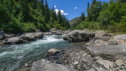 Fast-moving river rushing over stones amid dense vegetation
