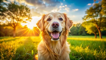 Happy Golden Retriever Dog Panoramic Landscape Smiling Joyful Pet