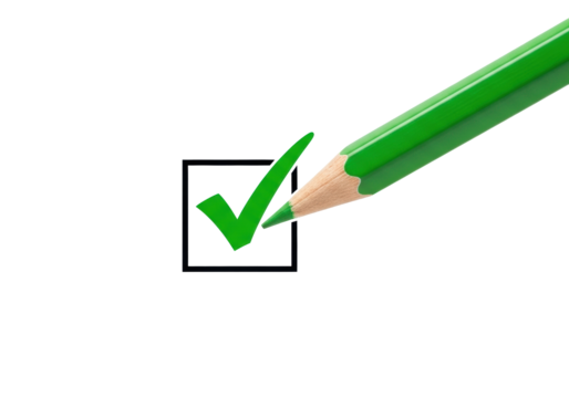 Vibrant green wooden pencil drawing a green checkmark in a black-outlined square checkbox on a transparent background with copy space, concept of successful completion
