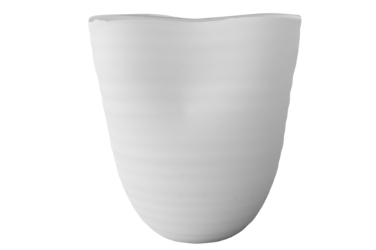Minimalist modern white ceramic jug or vase with a handle, horizontal lines, and a speckled texture, isolated on transparent background with clipping path for design and interior decor purposes.