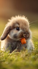 Adorable fluffy bunny rabbit enjoying a delicious bite of fresh carrot in a sun-drenched grassy field, a perfect nature moment