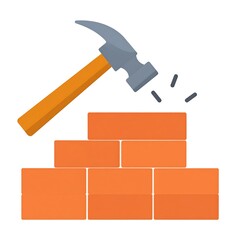 A cartoon-style illustration of a hammer striking orange bricks, depicting construction work