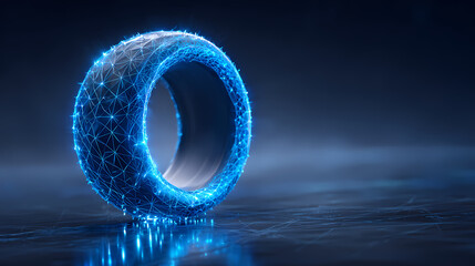 A futuristic tire, glowing with digital light and technological advancement. This image features an illuminated tire against a dark background, representing innovation in transport