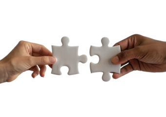 Hands connecting two white jigsaw puzzle pieces for a teamwork solution isolated on transparent white background 