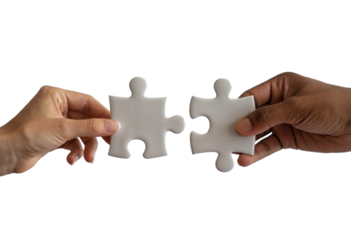 Hands connecting two white jigsaw puzzle pieces for a teamwork solution isolated on transparent white background 