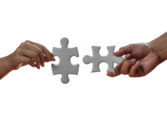 Hands connecting two white jigsaw puzzle pieces for a teamwork solution isolated on transparent white background 