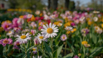Obraz premium Amidst a lively garden bursting with multicolored blooms, the essence of summer nature is captured through radiant flowers and lush greenery.