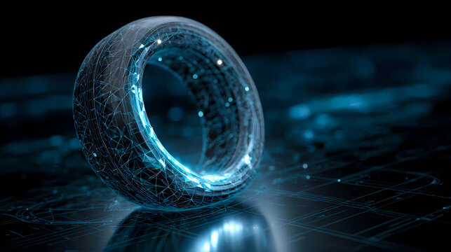 Abstract glowing tire design in futuristic digital environment