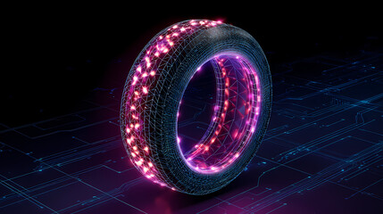 Illuminated tire in abstract concept, showcasing innovative technology 