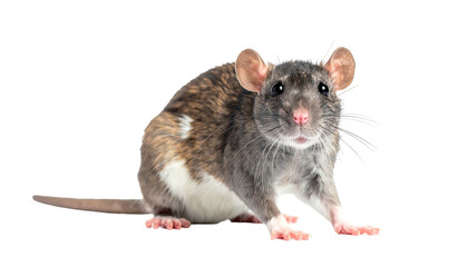A brown and white rat sits against a black background. Its whiskers are prominent and eyes are shiny