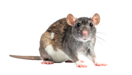 A brown and white rat sits against a black background. Its whiskers are prominent and eyes are shiny