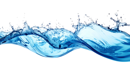 A brilliant wave crests with energetic splashes against a black backdrop, showcasing the water's vibrant hue