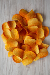 Texas BBQ Sauce Potato Chips, top view. Flat lay, overhead.