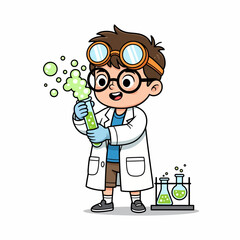 Obraz premium Cartoon illustration of a young boy scientist holding a bubbling test tube in a lab coat, with beakers nearby.