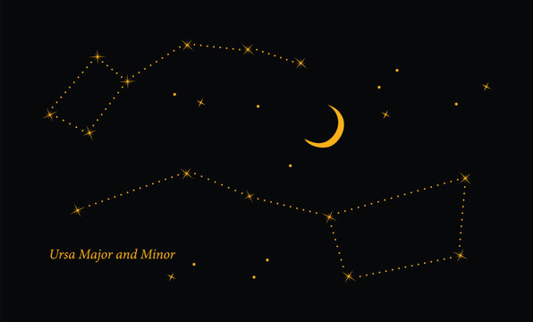 Big and Little Dipper constellation set simple doodle vector illustration, Ursa major and Minor astronomy symbol design element, stars, good for lines, poster, card, invitation, tattoo