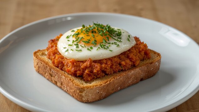 Toasted Bread Slice with Red Paste, Fried Egg and Green Herbs, CloseUp.