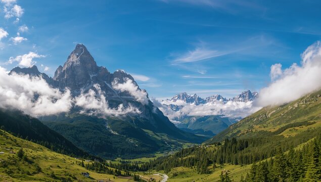 Detailed photo of a mountain landscape with clouds settled in the valley, ideal for creative projects.