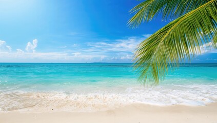 Fototapeta premium Scenic tropical seaside with turquoise waters, sandy shore, sunny blue skies, white clouds, and lush palm leaves, perfect for summer vacations and travel.