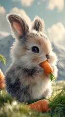 Adorable fluffy bunny enjoying a nutritious carrot in a vibrant green meadow under a clear sky, perfect for animal lovers